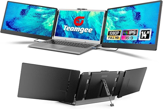 Teamgee 14" Laptop Screen Extender, FHD 1080P IPS Triple Portable Monitor for 13''-17" (Diagonal) Laptop, HDMI/USB-A/Type-C Plug & Play, Built-in Speakers & Adjustable Stand, for Mac/Wins/Android/Dex