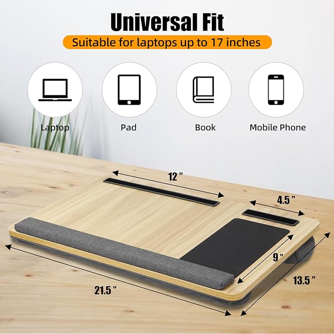 Natural Wood Laptop Tray for Lap - Portable Laps Desk for Lap Top with Cushion, Lightweight Laptop Stand with Mouse Pad, Fits Laptops Up to 17 Inches, Built-in Mouse Pad, Tablet Phone Holder, Beige