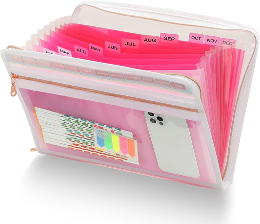 H4D 13 Pocket Expanding File Folder Organizer with Front Clear Pounch, Accordion File Organizer with Zipper Clourse, Fit for Letter Size Papers, Pink