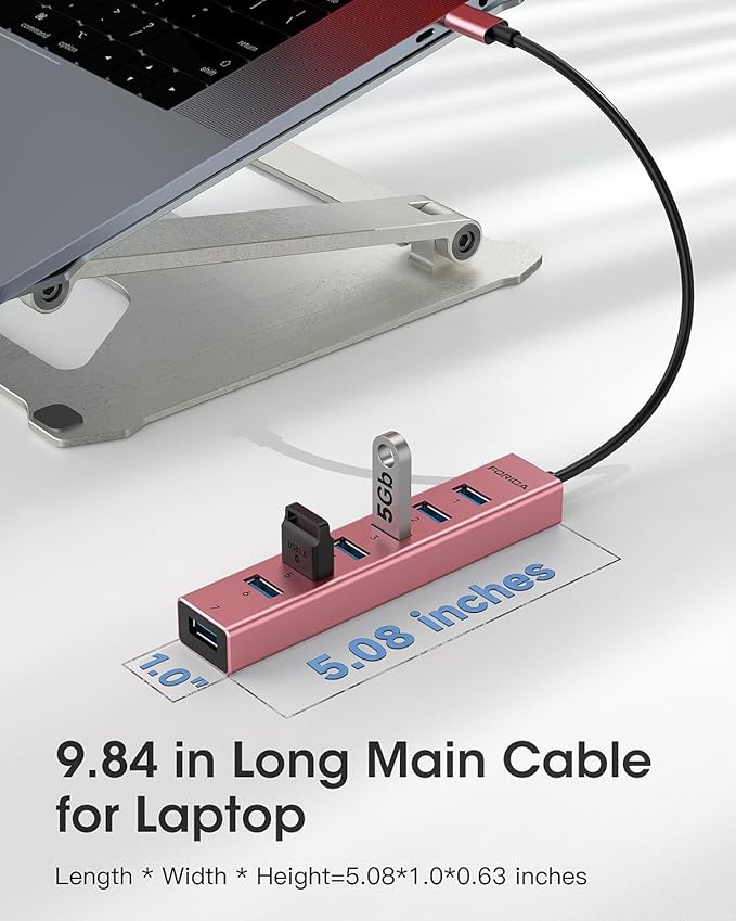 FORIDA USB C Hub-8 Port USB HUB with 7 USB3.0 Data Ports,Aluminum Alloy USBC Splitter with Type C 5V/3A Power Port Compatible with MacBook,iPad,Surface Pro,Laptop,PC (Rose Gold,USB C-9.8in)