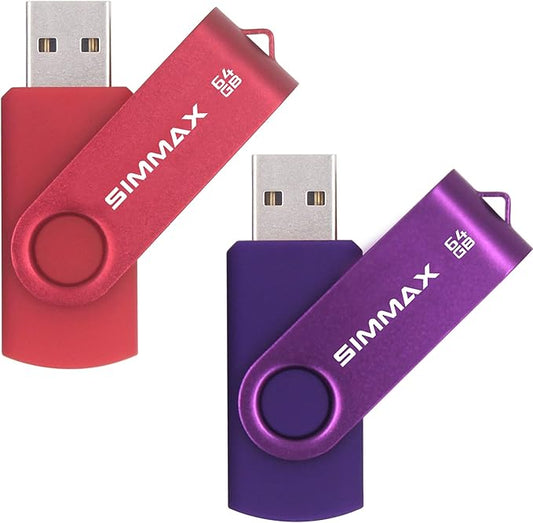 USB Flash Drives 2 Pack 64GB Memory Stick Swivel Design USB 2.0 Flash Drive Thumb Drive Zip Drives (64GB Red Purple)