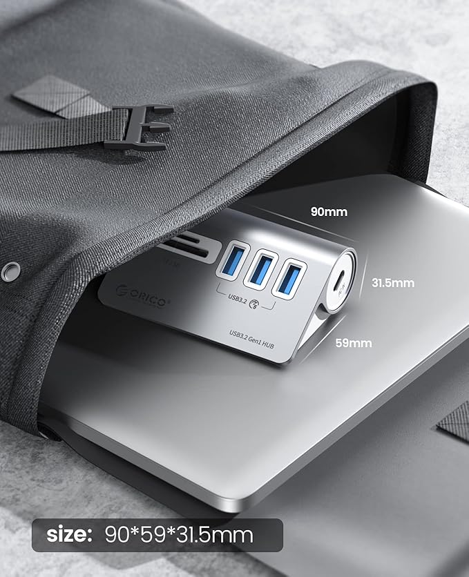 ORICO Aluminum USB 3.0 Hub with SD/TF Card Reader, 3 Port USB Hub 5Gbps with 1.64Ft USB-C Cable and USB-A Adapter USB Splitter for iMac, All MacBooks, Mac mini