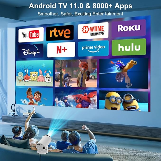 Smart HY300 Projector With Built-in Apps, Wifi Bluetooth 4K 1080P, Auto Keystone, Short Throw and 180 Adjustable, Mini Portable Outdoor Movie (White)