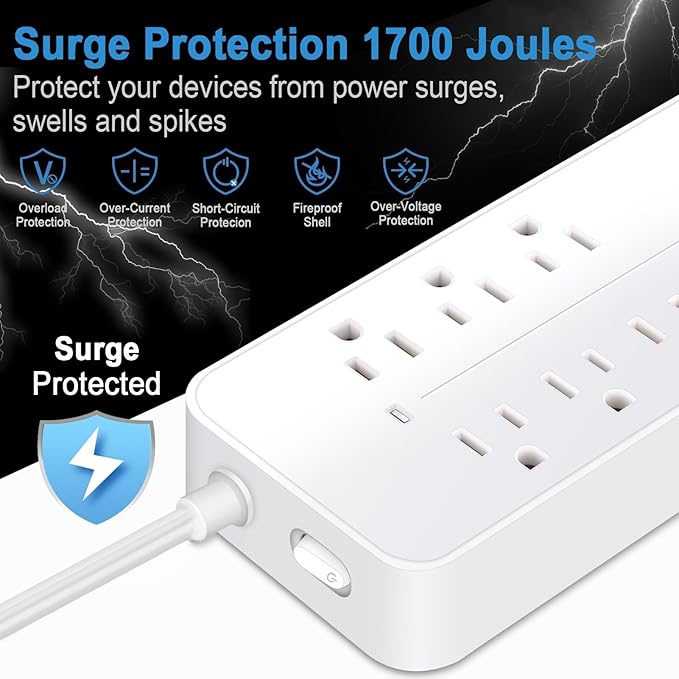 5FT Surge Protector Flat Extension Cord, ETL Listed Flat Plug Power Strip, 8 AC Outlets, 4 USB Charger(1 USB C Port),1700 Joules Protection, Office Supplies, Dorm Room Essentials White