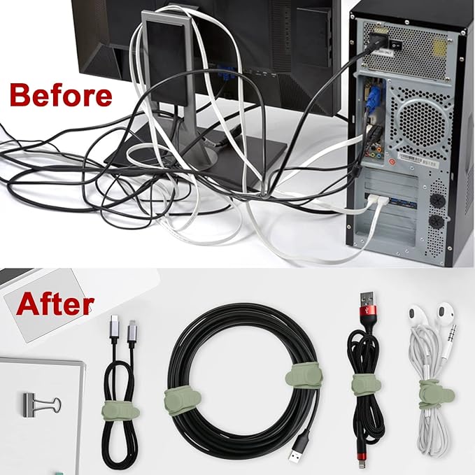 Nearockle 16Pcs Silicone Cable Straps Wire Organizer for Bundling Earphone, Phone Charger, Computer Cords, Reusable Cable Ties Cord Organizer in Home,Office,Kitchen,School(Green)