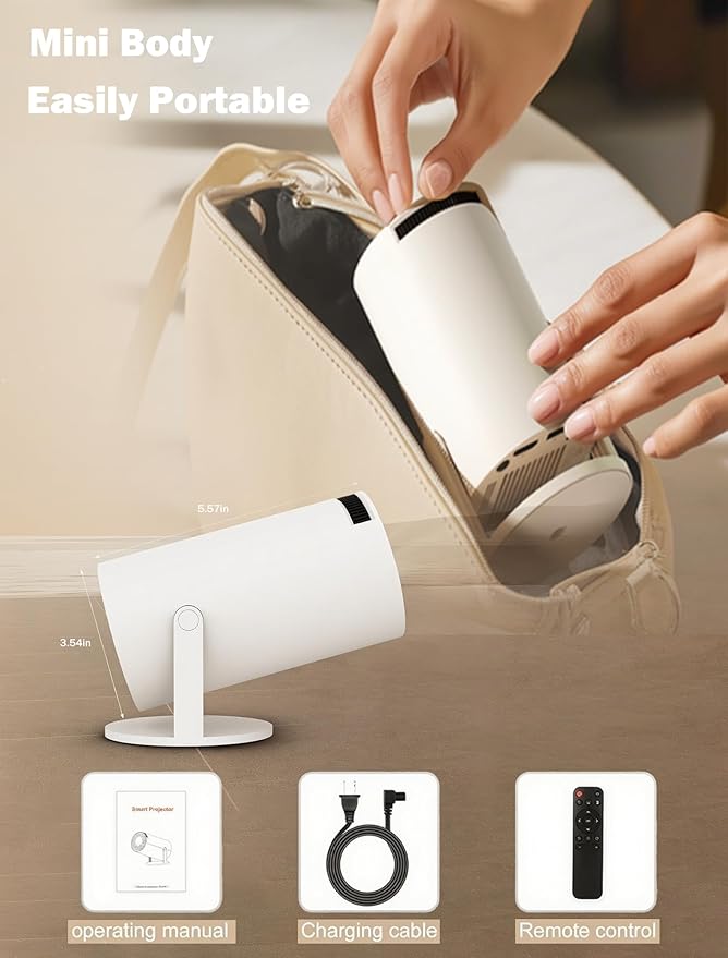 Mini Projector Support 4K, 200 Ansi Outdoor & Home Movie Portable Projector with Wifi6 and 5.0 Bluetooth, Automatic Keystone Correction, 180°Rotatable, Compatible with HDMI USB PC Laptop