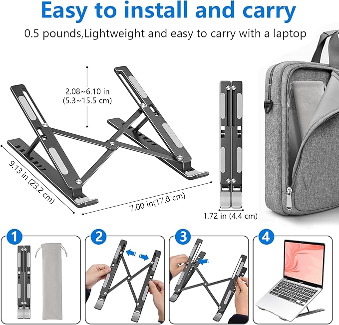 Laptop Stand for Desk, Aluminum Metal MacBook Stand，Computer Riser for Desk, Portable Foldable Adjustable Notebook Holder, Compatible with 10-15.6 Inch Laptops, iPad, Space Gray.