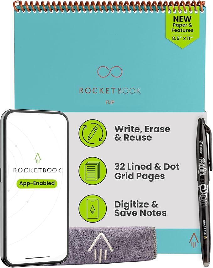 Rocketbook Flip Reusable Smart Notepad, Top Bound Spiral Notebook Lined and Dotted Pages Letter Size 8.5x11, Premium, Teal (Pack of 1)