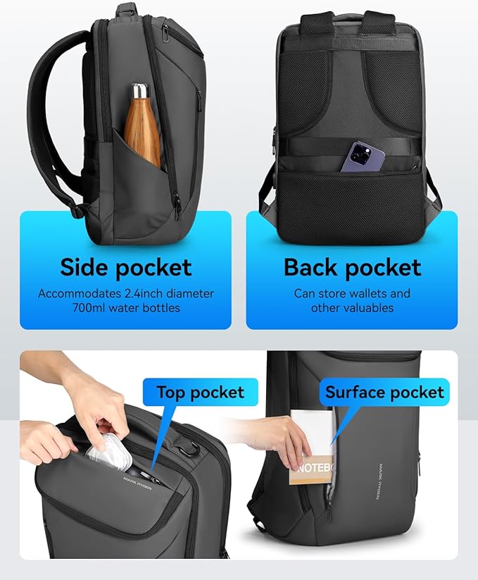 Muzee Backpack for Men Waterproof and Travel Laptop Backpack with USB Charging, Fits 17 Inch Laptop and Tech Gear