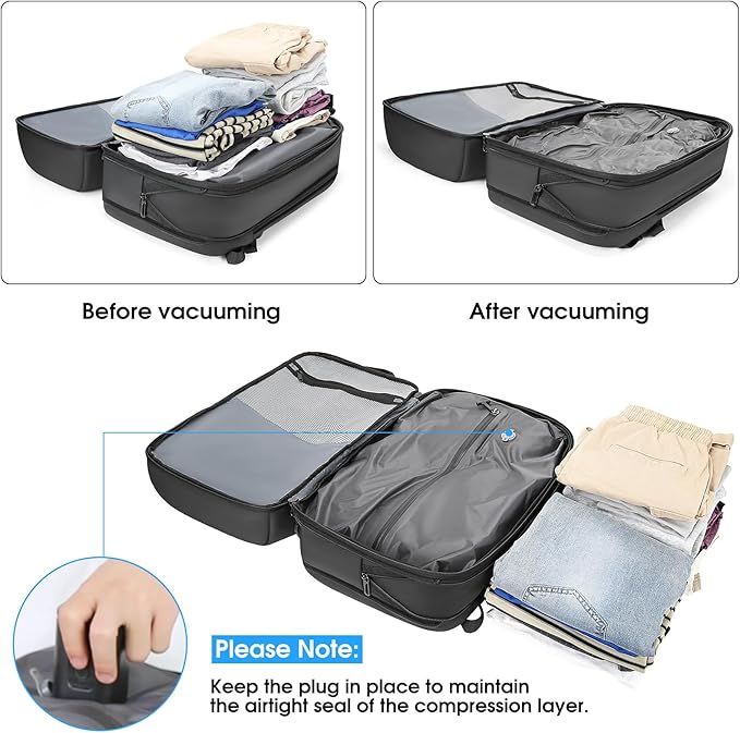 Vacuum Travel Backpack with Pump, 50L Expandable Compression Airback Backpack With Vacuum Seal, 17.3 Inch Water Resistant Business Laptop Backpack with USB Charging Port for Women & Men