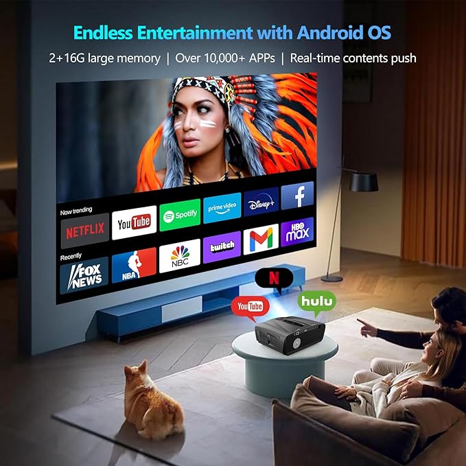 Ultra HD 4K Projector Auto Focus HDR WiFi6, Smart LED WiFi Bluetooth Projector 4K Daylight Home Cinema Movie Gaming 1500ANSI Ceiling Mounted Indoor Outdoor with Auto Keystone Zoom HDMI USB LAN Apps