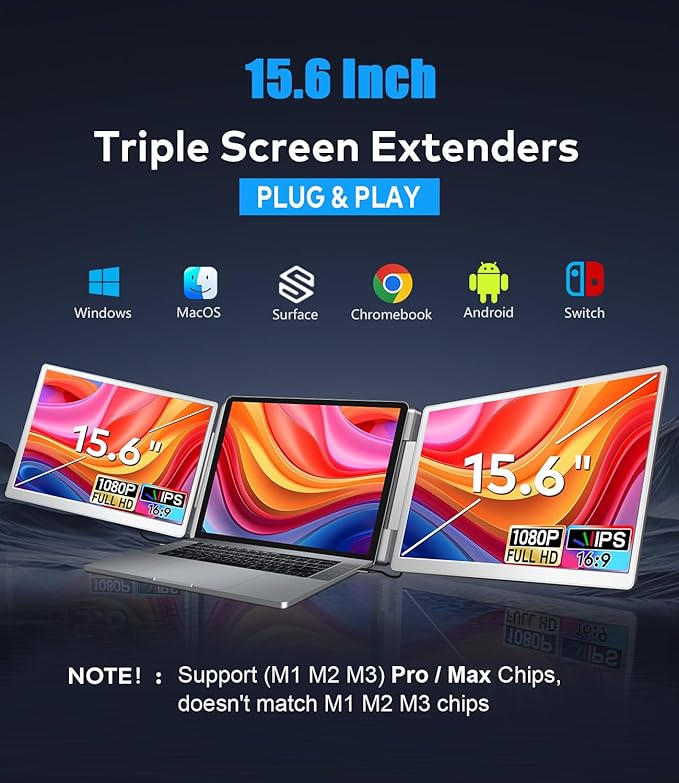 Laptop Screen Extender, 15.6-inch FHD 1080P IPS Triple Screen Portable Monitor Extender 12–18.5 inch, Portable Laptop Extended Monitor Compatible with Windows and MacBook