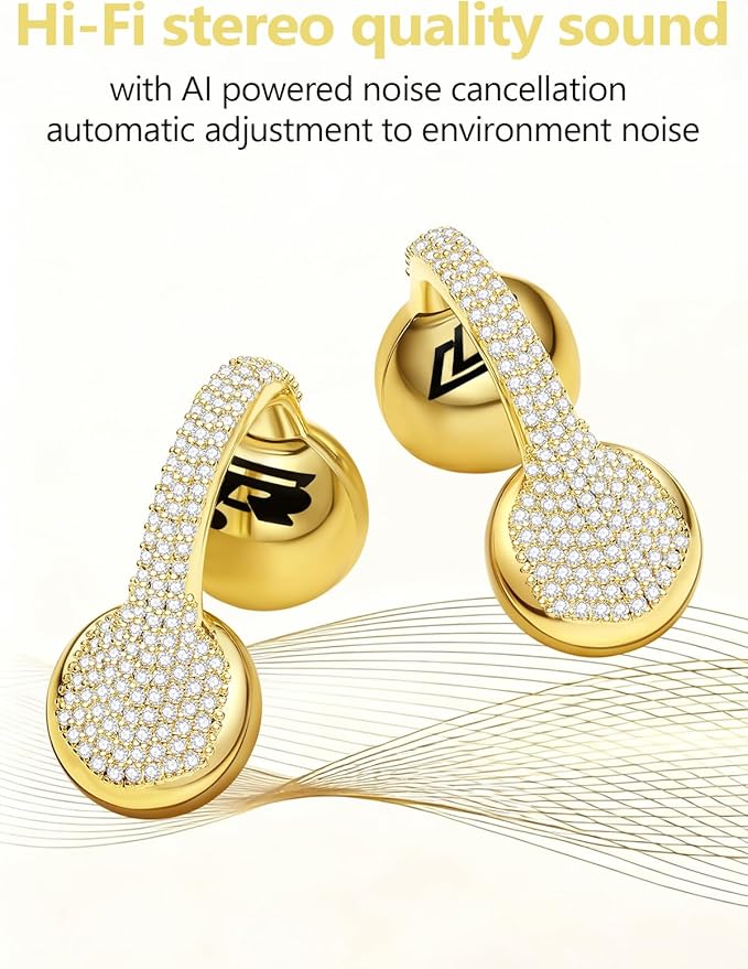 JewelPods C01 Wireless Earbuds,Open Ear Earbuds Jewelry-Inspired Designs Metal Clip-on,Excellent Spatial Audio,Sweat and Water Resistant,72H Play,Yellow Gold