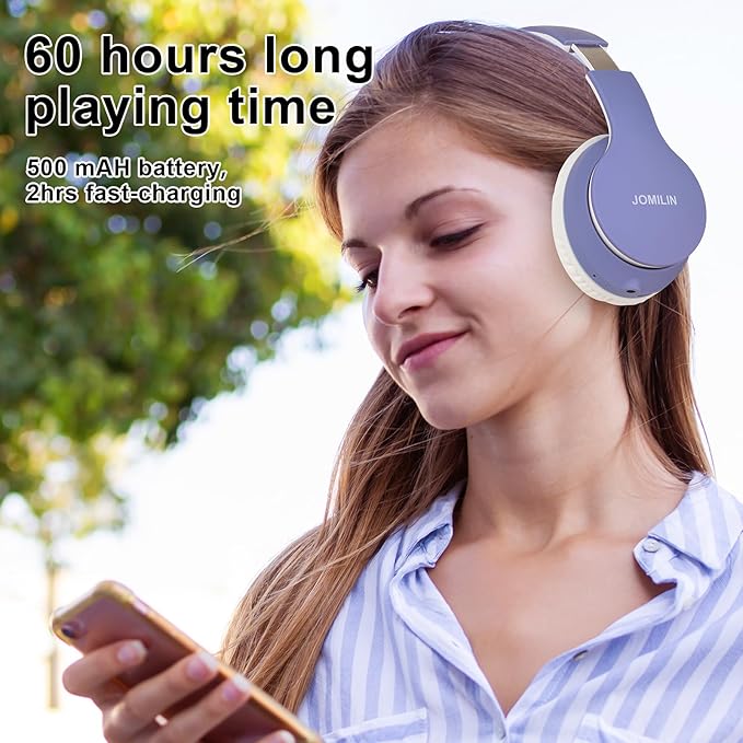 JOMILIN B9 Wireless Headphones Over-Ear, 60 Hours Playtime Lightweight Folding Hi-fi Stereo Bass Bluetooth Headset with Mic, Volume Control Headphones for iPad/Travel/Tablet/PC (Purple)