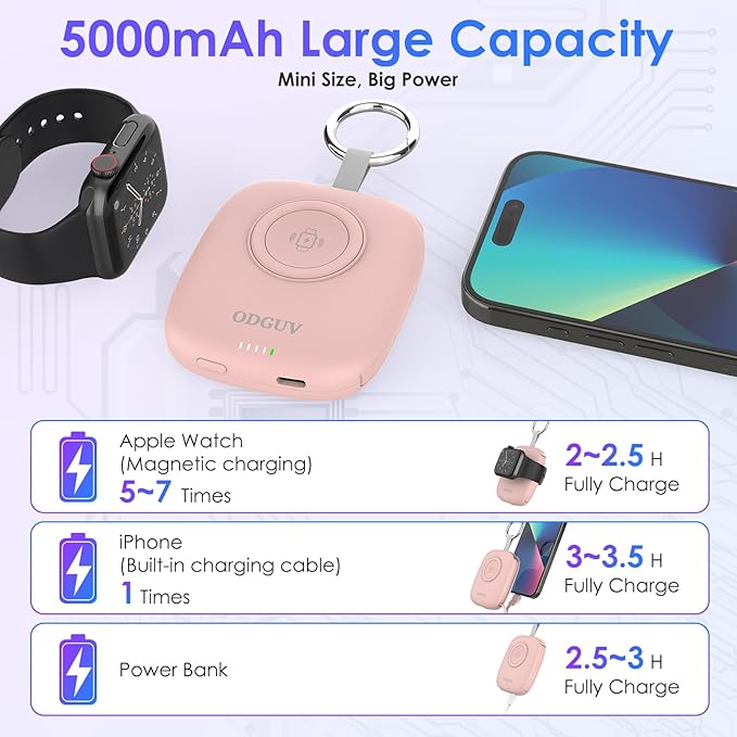 Small Portable Charger 5000mAh,iWatch Wireless Charger Mini Power Bank with Built-in Cable,Travel Keychain Charger for Apple Watch 10/9/Ultra2/8/Ultra/7/6/Se/5/4,iPhone 17/16/15/14/13/12,Android Phone