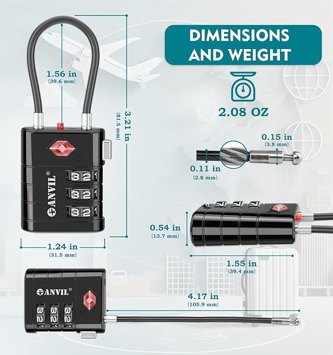 ANVIL TSA Approved Luggage Locks – High Security TSA008 Combination Travel Locks with Inspection Indicator for Suitcases and Backpacks. (3, Black)