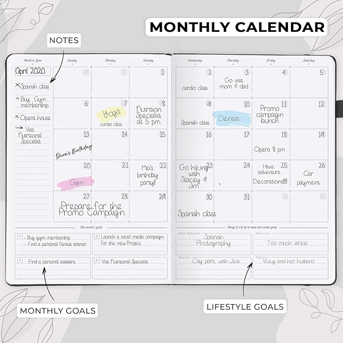 GoGirl Planner PRO Schedule - Undated Planner with Hourly Time Slots, Monthly, Weekly & Daily Organizer, Appointment Book for time Management, 7"x10" Hardcover, Lasts 1 Year - Black