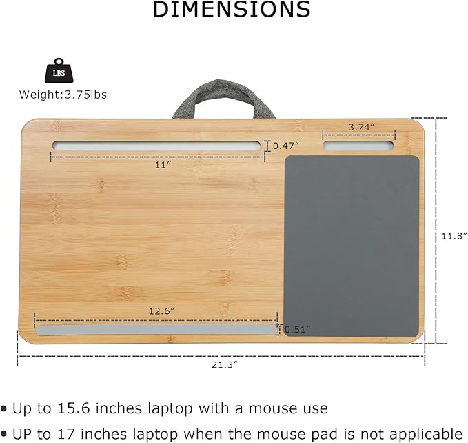 SUMISKY Laptop Lap Desk with Cushion Protable LapDesk with Handle Tablet Support Phone Holder and Mouse Pad Oversized Bamboo Laptop Stand for Sofa Fits Up to 17 Inches