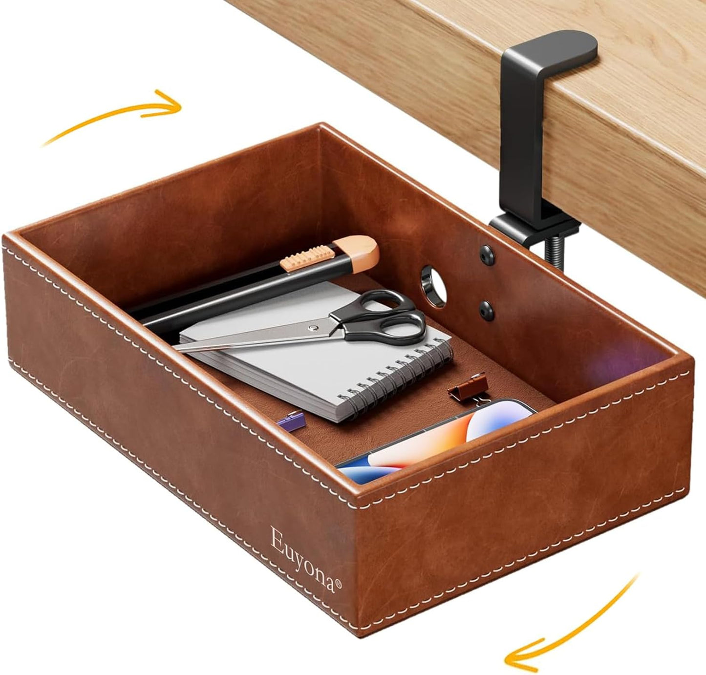 PU Leather Under Desk Drawer Organizer, 360° Rotating Clamp for Stationery, Remote Control, Phone & Pencil Storage, Computer Desk Accessories (Brown)