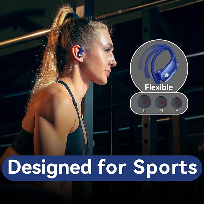 bmani Ear Buds Wireless Earbuds Bluetooth Headphones with 80H Playtime LED Display Case, Over-Ear Hook with Mic, Stereo Sound, Easy Button Controls, Sports Earphones for Running Workout Gym Blue