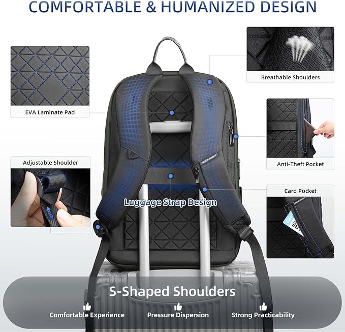 Business Backpack Computer Bag for 15.6 Inch Laptop for Men Women with USB Charging Port Water-Resistant Anti-theft Luggage Backpack Suitcase Casual Daypack for College Weekender Hikking Travel-Blue