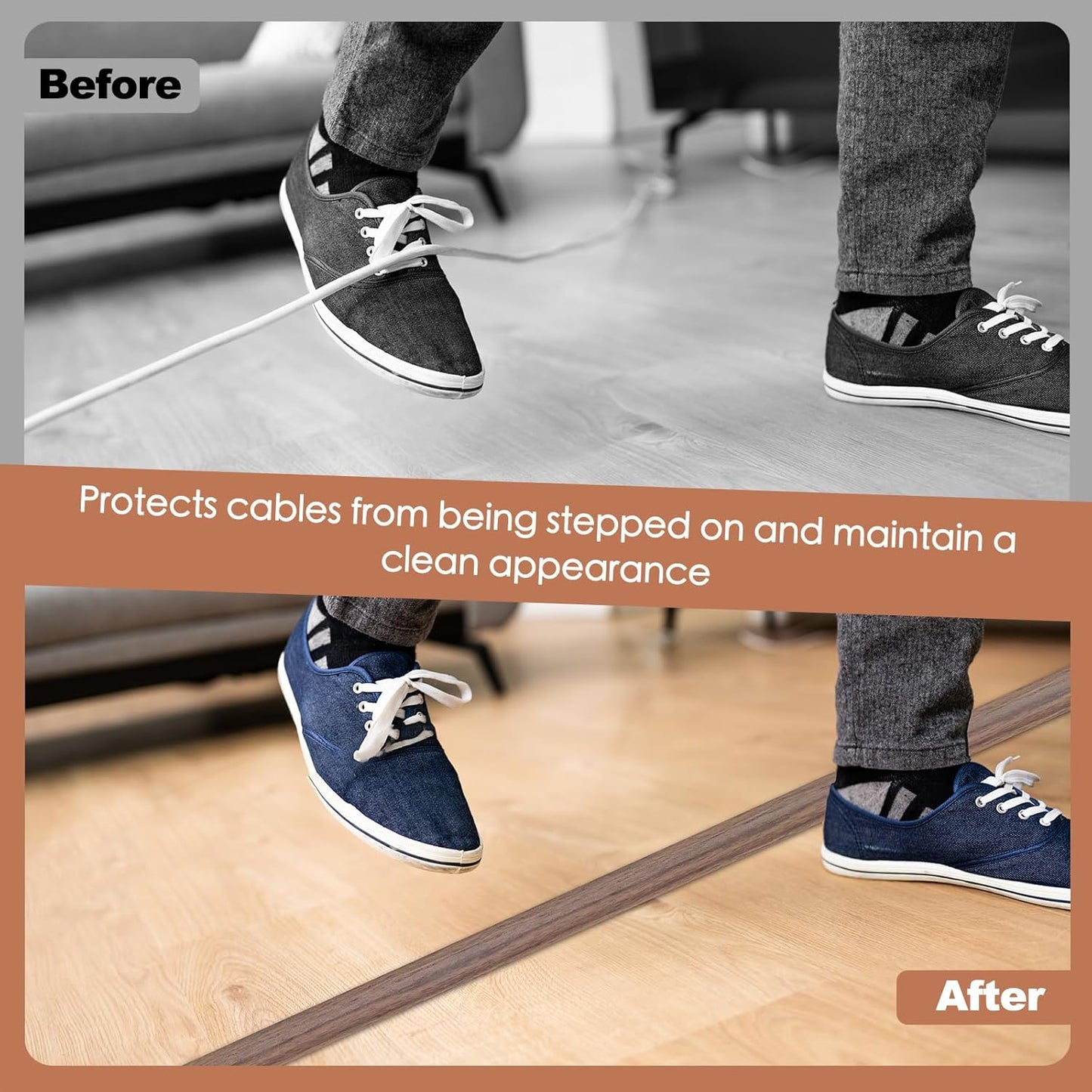 Floor Cord Cover for Wires on Floor Self Adhesive Cord Hider Floor Cable Management Wire Covers for Cords Protector Prevent Cable Trips Cord Cavity W 0.51" x H 0.31", Misty Brown Wood, 10Ft