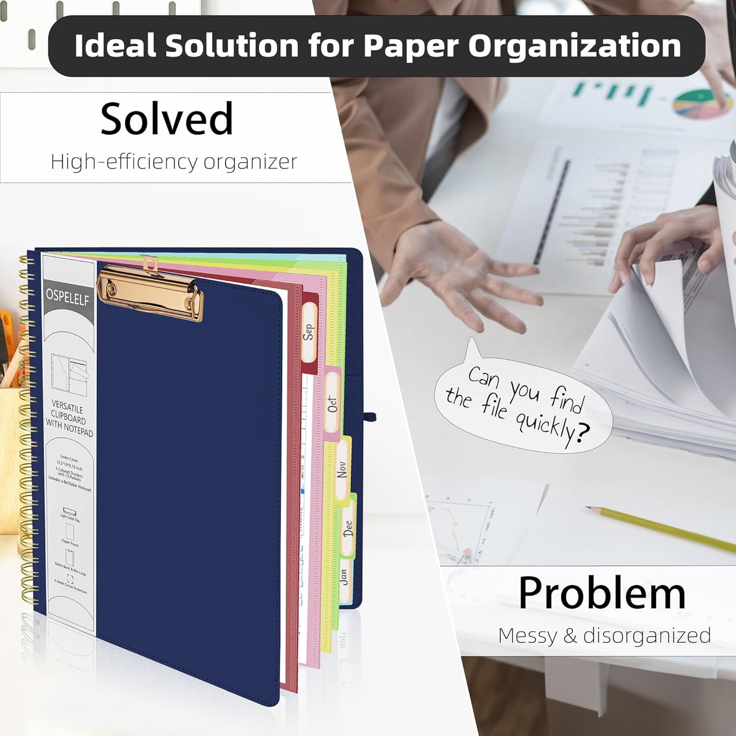 Ospelelf Bule Foldable Spiral Clipboard Folio with Storage Zipper Pouch, 5 Plastic Folders with 10 Pockets, Refillable Lined Notepad (11" x 8.5"), Linen Hardcover Project Organizer