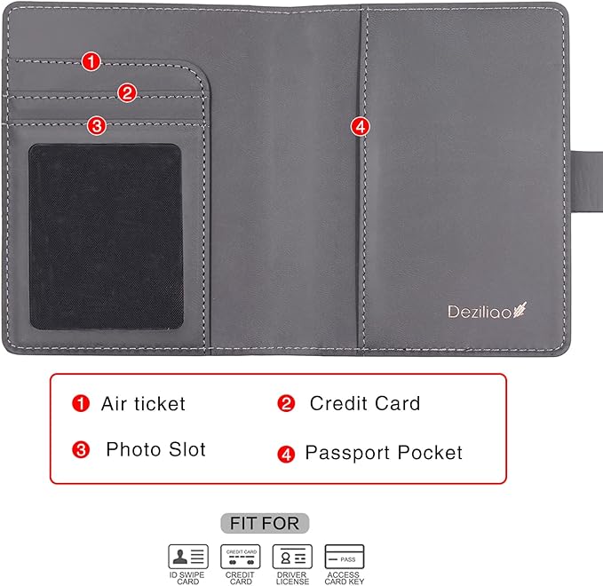 Deziliao Passport Wallet, Gray, Unisex, Faux Leather, Waterproof, Slim, Lightweight, RFID Blocking, 2-in-1 Design, with Document Slots, Credit Card Slots, SIM Card Slots