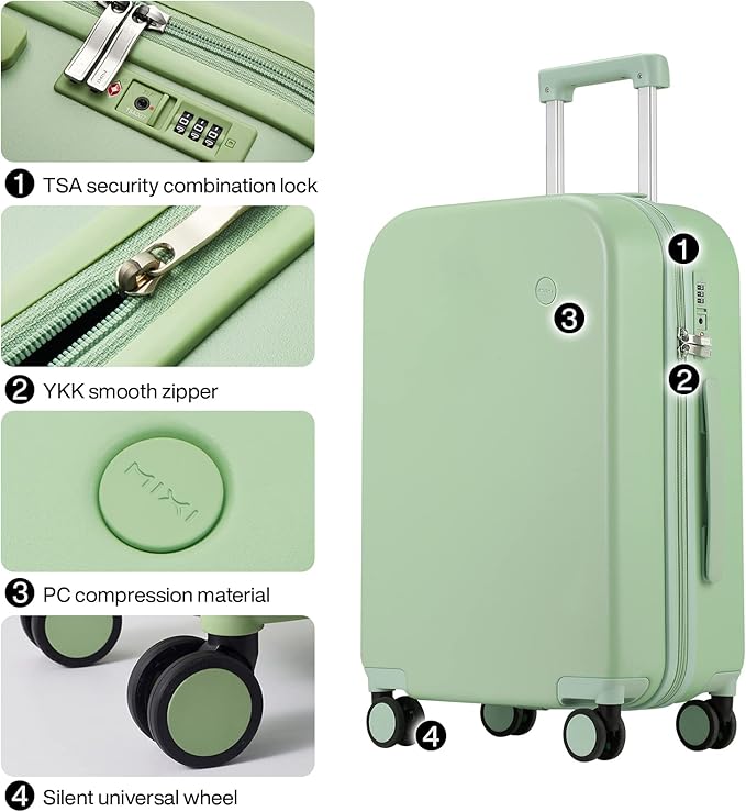 mixi Luggage Suitcase with Spinner Wheels, Hardside Rolling Suitcase PC with Cover & TSA Lock Lightweight Travel Case 24in Checked in, Avocado Green