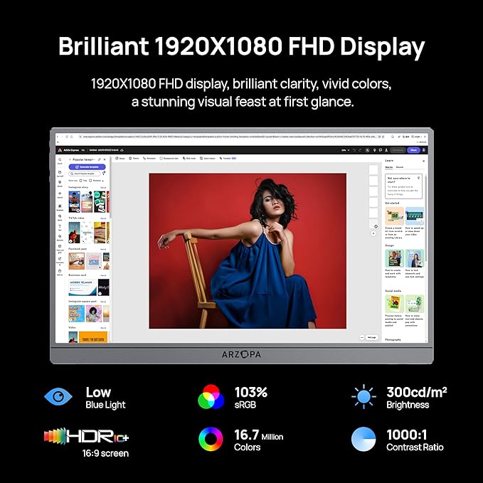 ARZOPA 17.3" Portable Monitor Gray, 1080P FHD 103% sRGB IPS Gaming Monitor Laptop Monitor with Built-in Kickstand HDMI USB C External Screen for PC Mac Phone Xbox PS5 - Z1C Plus