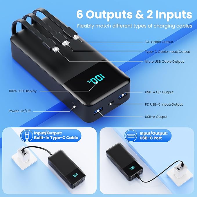 Portable Charger 50800mAh Power Bank with 3 Built-in Cable,25W PD USB C Power Bank Fast Phone Charging,QC4.0 LED Display Portable Battery Pack Compatible with iPhone 17/16/15, Galaxy Android-Black