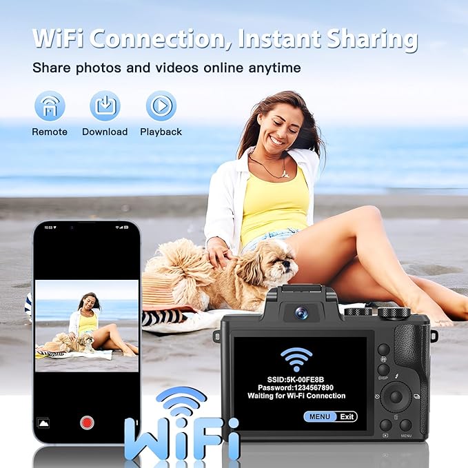 8K Digital Cameras for Photography Autofocus, WiFi 88MP Vlogging Camera with Dual-Lens, Flash, 16X Digital Zoom, Touch Screen, Travel Camera Anti-Shake with Lens Hood, 64GB Card,2 Batteries