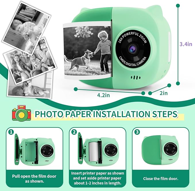 Rongta Instant Print Camera for Kids, Children Portable Photo Printer for Birthday Gifts, Kids Toys, 2.4 Inch Screen Kid Digital Camera for Girls Boys Age 3 4 5 6 7 8 9 10(Green)