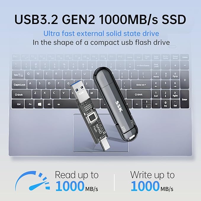 SSK 2TB Flash Drive, External SSD Up to 1000MB/s, Dual Port USB C & USB 3.2, Zinc Alloy Portable Thumb Drive Stick for iPhone 15/16 Pro, Mac, Android OTG, PC Backup Storage