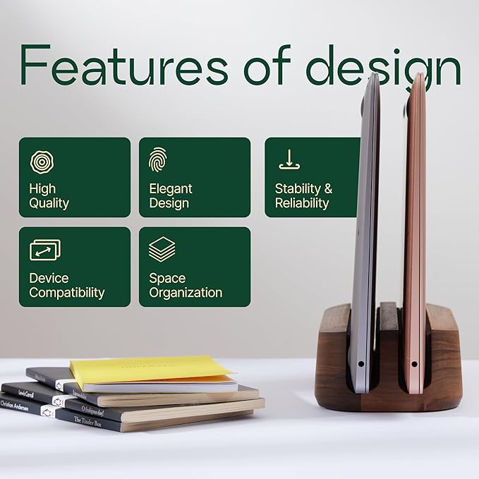 Triple Laptop Stand Vertical Laptop Holder for Desk - Vertical Laptop Stand for Desk - Laptop Holder Vertical Handmade of Natural Wood (Triple Oak)