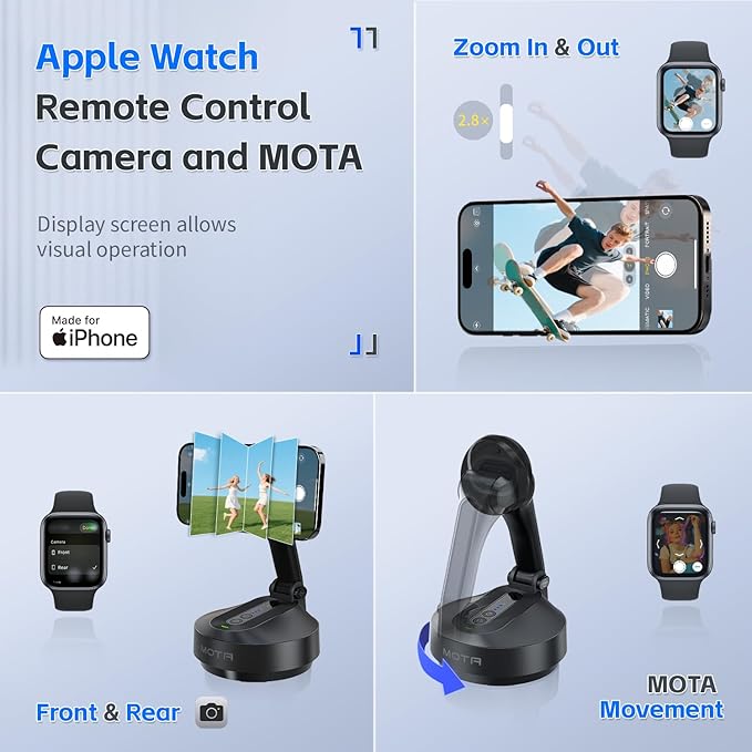 MOTA Tripod Stand Only for iPhone, 360 Degree Auto Tracking Stand for iPhone Support Native Camera and All Apps, 2 Axis Foldable Phone Holder for Video Recording with Megnetic Holder for Desk