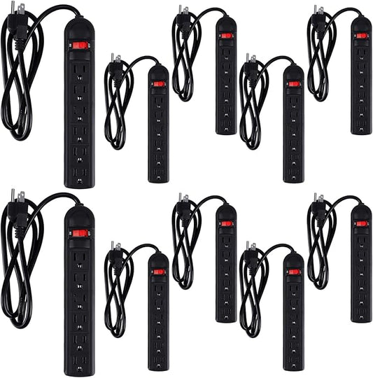 Hoteam 10 Pcs Power Strip Bulk 6 Outlet Surge Protector Power Cord Electrical Extension Cord with Switch Low Profile Plug Flat for Home Office(8.2 ft,Black)