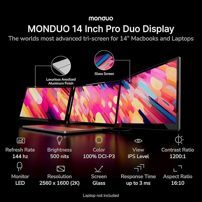 14" Pro Triple Laptop Glass Screen Extender, Dual 14" 2k Portable Monitors, 144Hz, 100% DCI-P3, 500 Nits, Aluminum Finish for 14" MacBook Pro & Windows, for Gaming, Creators, & Professional