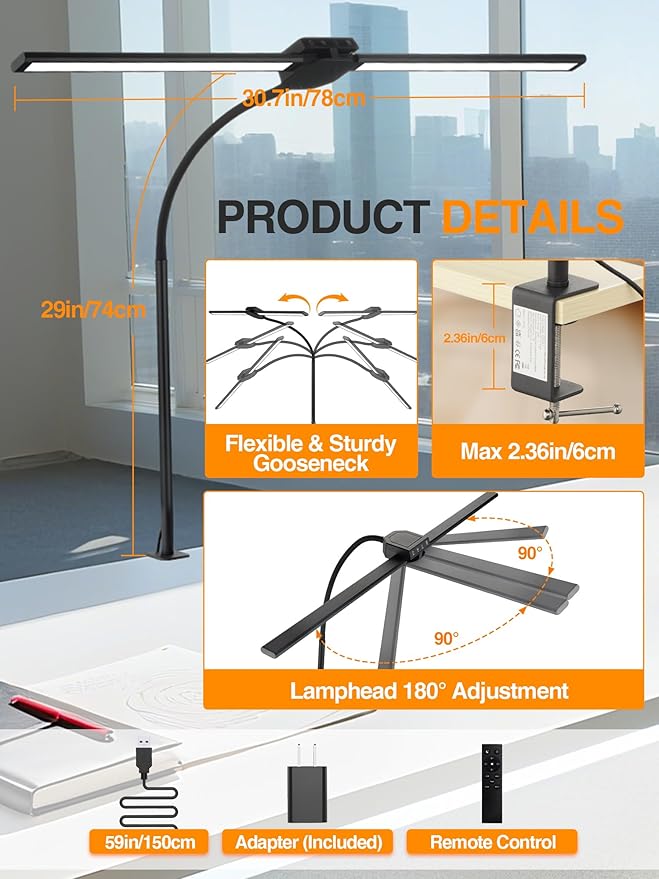 Desk Lamps for Home Office, Desk Light with 5 Color+9 Brightness, 1200 Lumen & 108 LED Desk Lamp, Remote Control+Timer Monitor Light, Clamp Lamp for Desk, Computer, Reading, Study, Workbench
