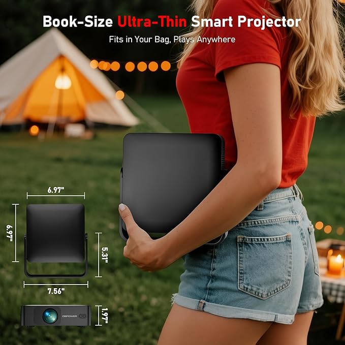 [Ultra-Slim 1.97"| Netflix Licensed | AI Auto Focus | 360° Stand] Smart Mini Projector with WiFi 6 & Bluetooth, Built-in Netflix/YouTube/Disney+/Hulu, DBPOWER N5 Movie Projector for Bedroom (Black)