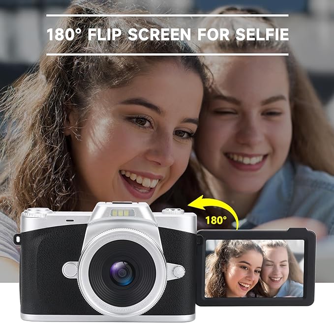 Digital Camera with 3'' Flip Screen 16X Digital Zoom Compact Point and Shoot Camera for Kids, Beginners, 4K Vlogging Camera with 2 Batteries