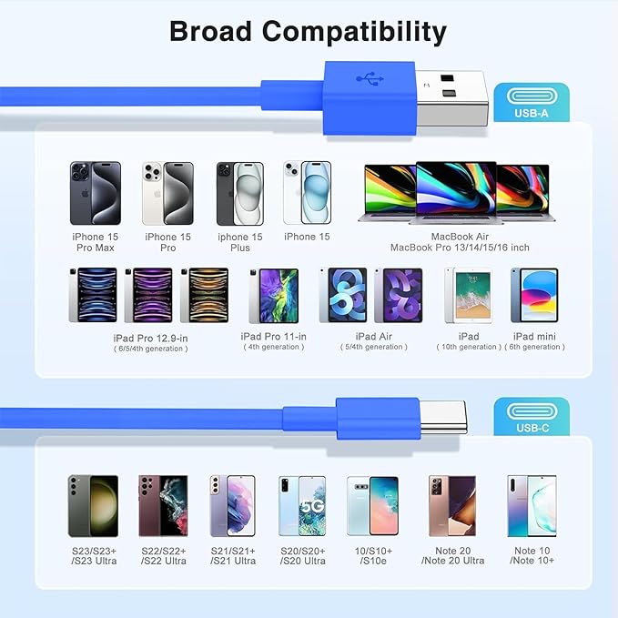 3-Pack Blue [3.3FT+3.3FT+6FT] USB A to USB C Cable，USB to USB C Car Carplay Cable for iPhone 16 15 Pro Plus Pro Max，for iPad Pro/Air/Mini，for Samsung S24/S23/S22，for MacBook Pro/Air and More