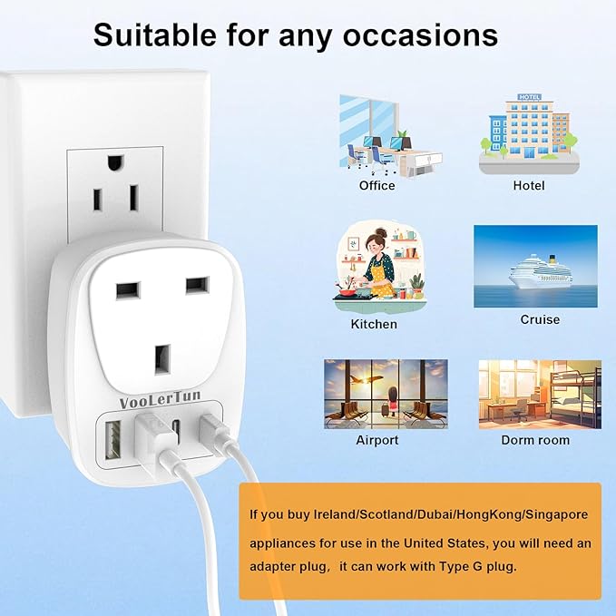 England to US Plug Adapter 2 Packs, UK Type G to US Travel Plug Adapter with 1 lreland AC Outlets, 4 USB Charger Ports (2 USB C), for Dubai, England, Scotland, Hong Kong, Singapore