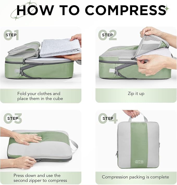 8 Set Compression Packing Cubes for Travel Essentials,Compressible Expandable Packing Cubes for Suitcase,OlarHike Luggage Organizer Bags for Travel,Handy Helper for Organizing Clothes(Matcha Green)