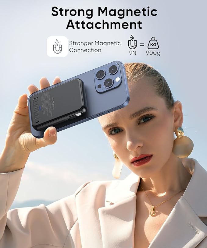 superallure Magnetic Power Bank 12000mAh for Magsafe Portable Charger, 22.5W Fast Charger Wireless Battery Pack with Built in Cables, for iPhone 16/16 Plus/16 Pro/16 Pro Max iPhone 15/14/13/12 Series