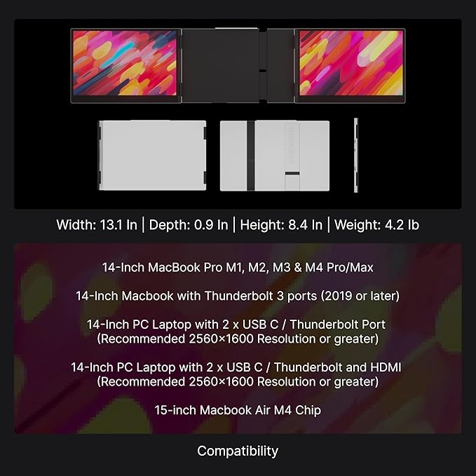 14" Pro Triple Laptop Glass Screen Extender, Dual 14" 2k Portable Monitors, 144Hz, 100% DCI-P3, 500 Nits, Aluminum Finish for 14" MacBook Pro & Windows, for Gaming, Creators, & Professional
