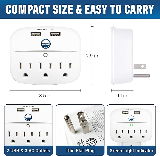 Cruise Approved Power Strip - Non Surge Protector for Cruise Ship with 2 USB Outlets - Cruise Ship Essentials 2025 for Carnival, Princess, Norwegian, Holland America, MSC & Major Cruise Lines (White)