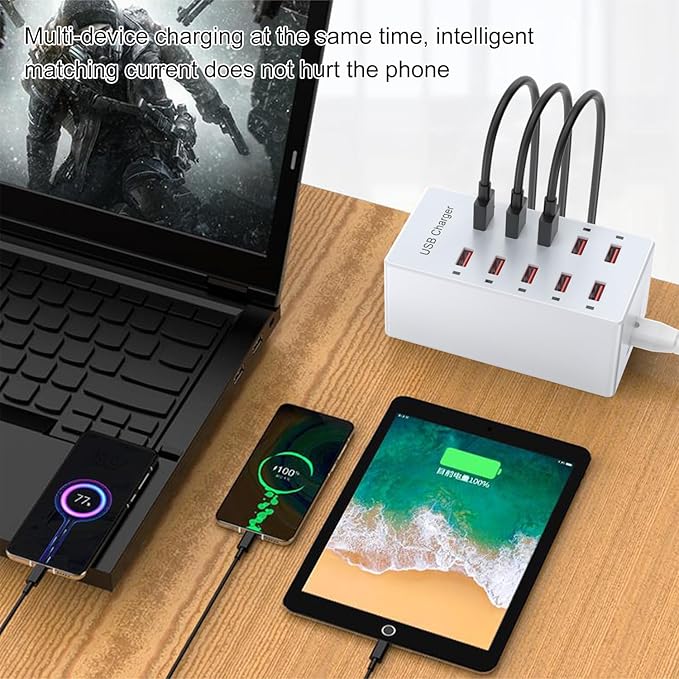 Cell Phone Wall Charger USB Charging Station for Multiple Devices 10 Ports Power Strip Charging Hub Smart Plug Charge Block Dock for iPhone 15/14/13/iPad iPod Galaxy Watches Android Phones
