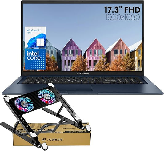 ASUS Vivobook 17 Laptop, 17.3" FHD Display, Intel Core i3, 8GB RAM, 512GB PCle SSD, Webcam, Wi-Fi, Bluetooth, HDMI, Windows 11 Home, Quiet Blue, Bundle with PCO Laptop Notebook Cooler