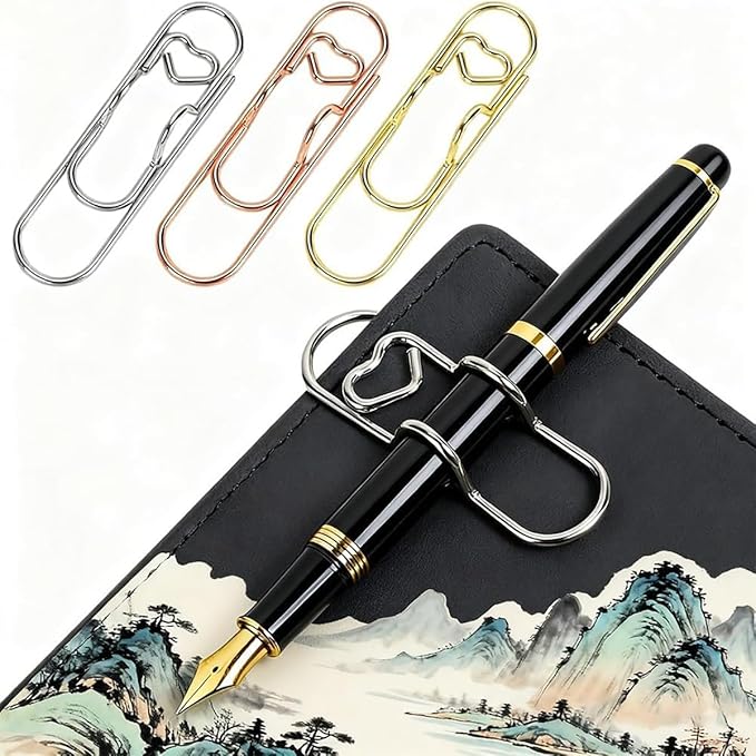 6Pcs 3 Colors Heart Pen Clip Metal Pencil Clips Multifunctional Rose Gold Silver Carbon Steel Paperclip, Paper Clips Pen Holder for Notebook Book Journal Office School Accessories (18Pcs)